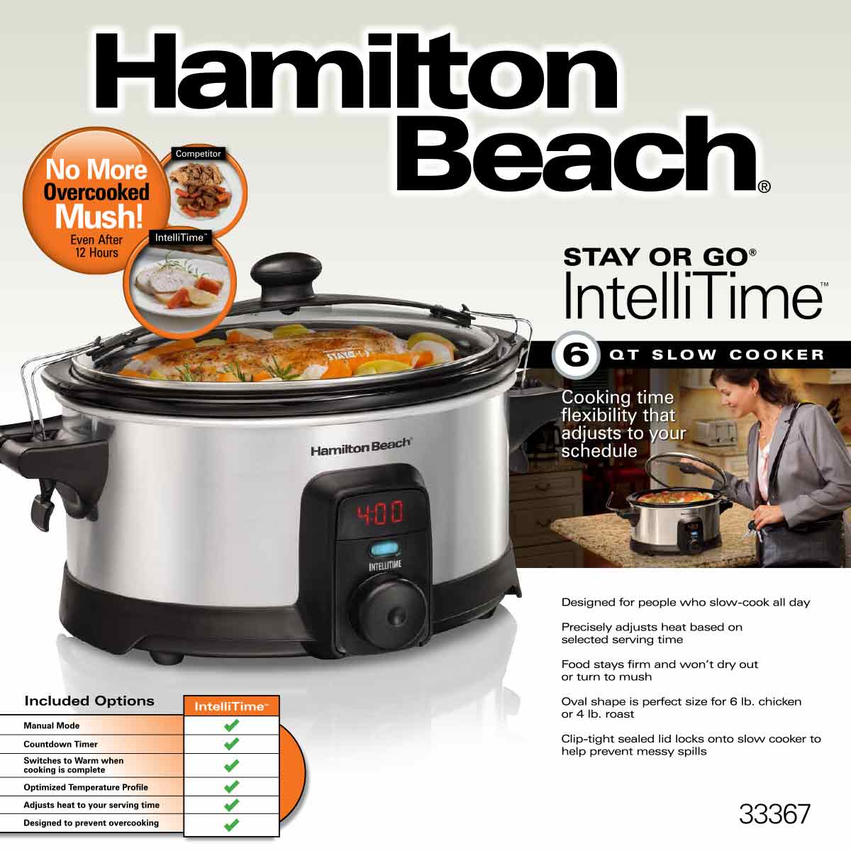 Hamilton Beach Stay or Go® IntelliTime™ 6 Quart Slow Cooker (33367)