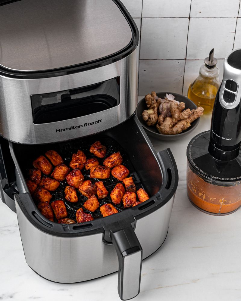 Air Fryer Salmon Bites With Miso-Gochujang Sauce