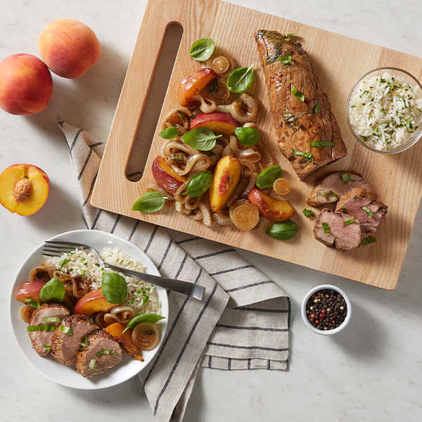 Marinated Pork Tenderloin with Peaches, Onions and Basil